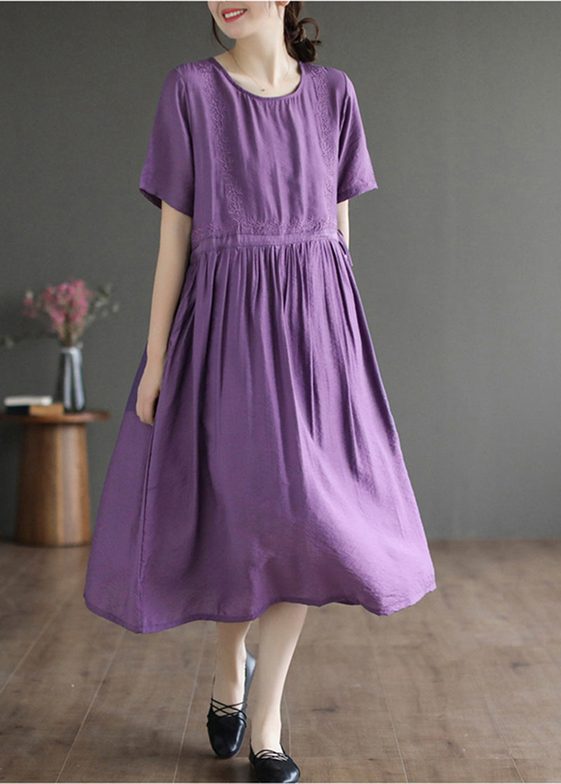 Slim Fit Purple Embroideried Cotton Dress Summer