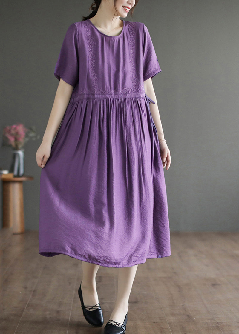 Slim Fit Purple Embroideried Cotton Dress Summer