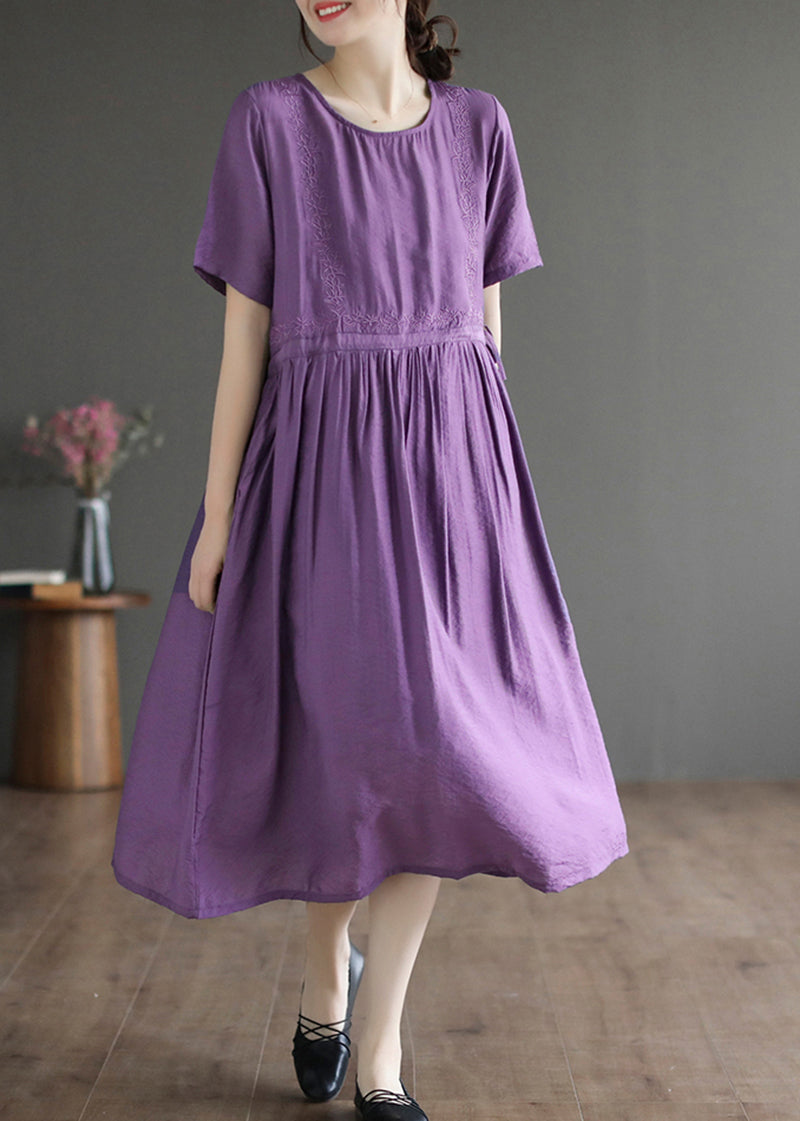 Slim Fit Purple Embroideried Cotton Dress Summer