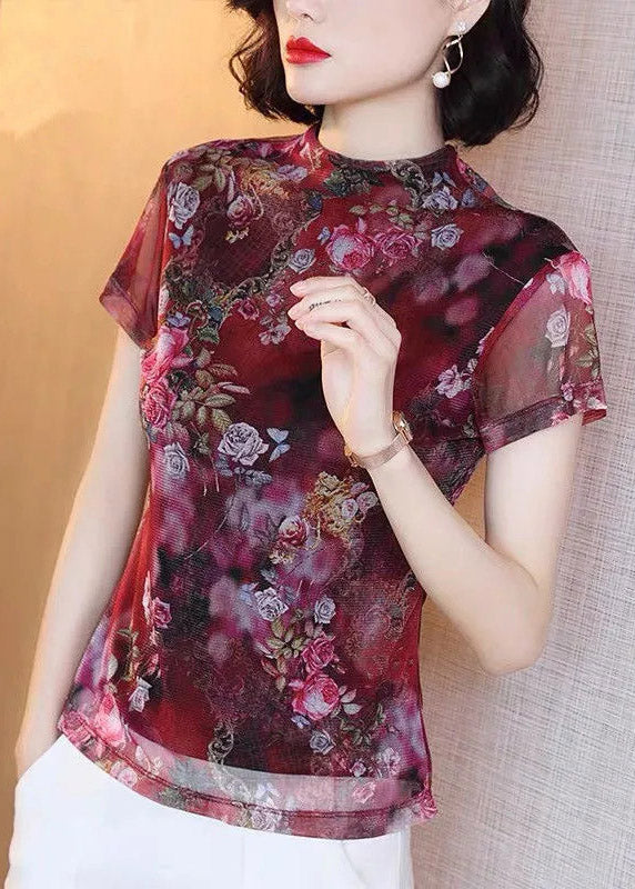 Elegant Red Printed Stand Collar Tulle Top Short Sleeves