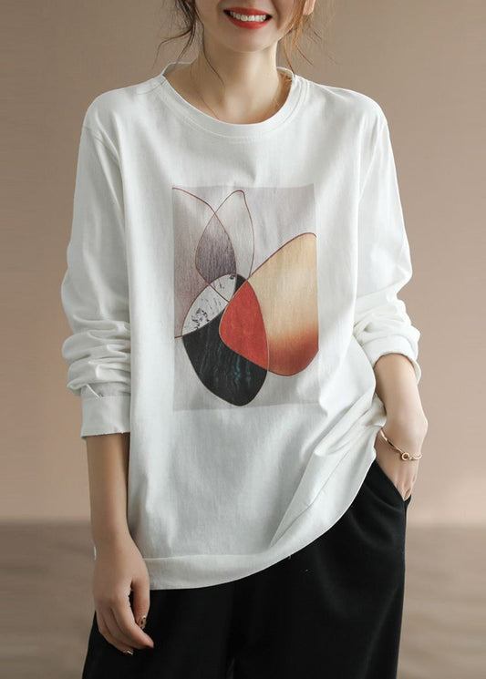 Classy White Oversized Print Cotton Pullover Streetwear Fall