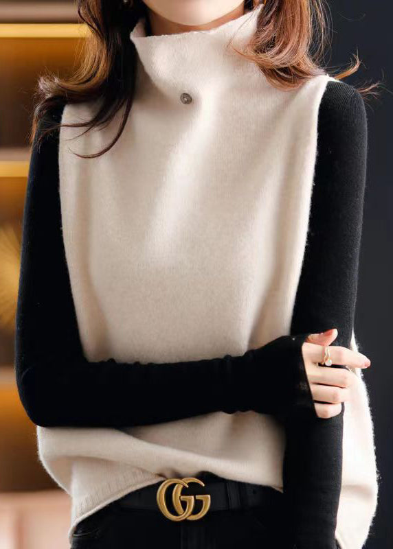 Classy Beige Hign Neck Patchwork Woolen Knit Vest Sleeveless