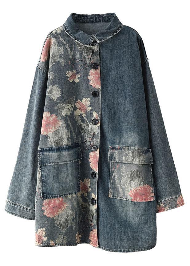 Classy Big Flower Print Patchwork Blouse Tops Denim Jacket