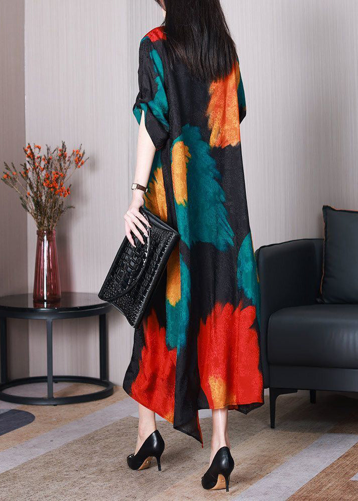 Elegant Black Printed Silk Asymmetric Robe Summer Dresses