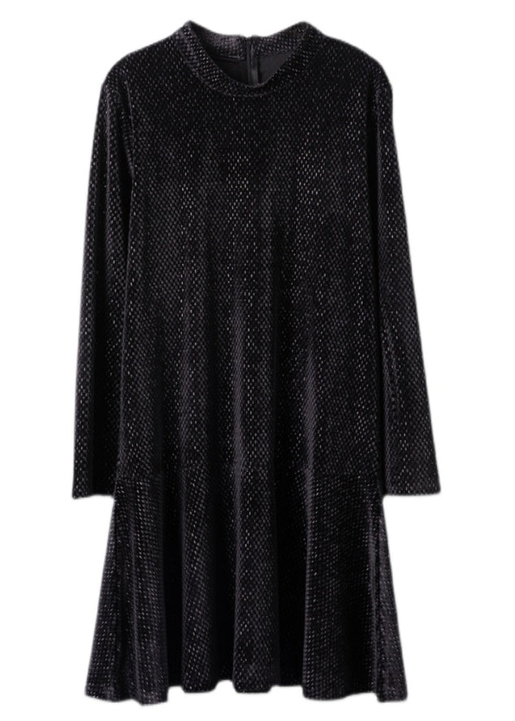 Classy Black O Neck Zippered Patchwork Mid Dress Long Sleeve