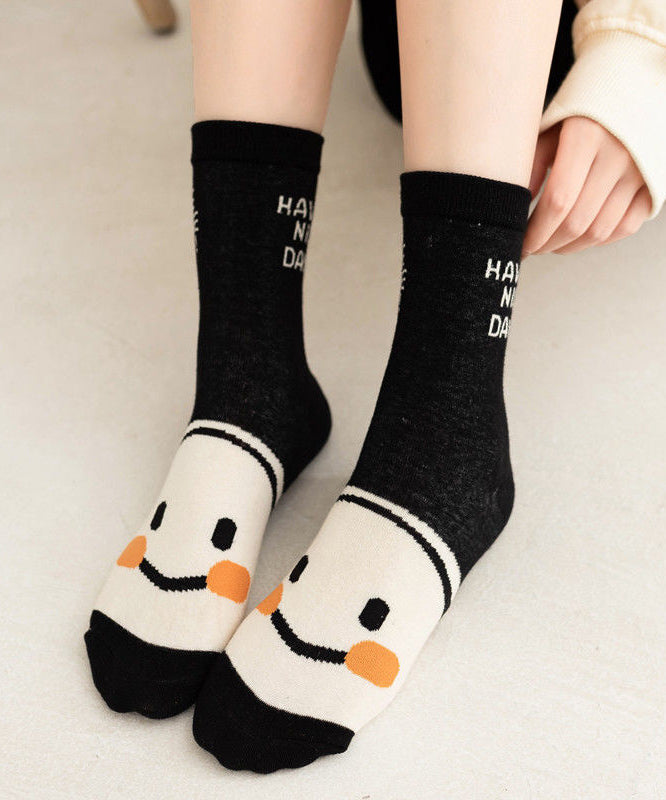 Classy Black White Striped Cute Smile Cotton Mid Calf Socks