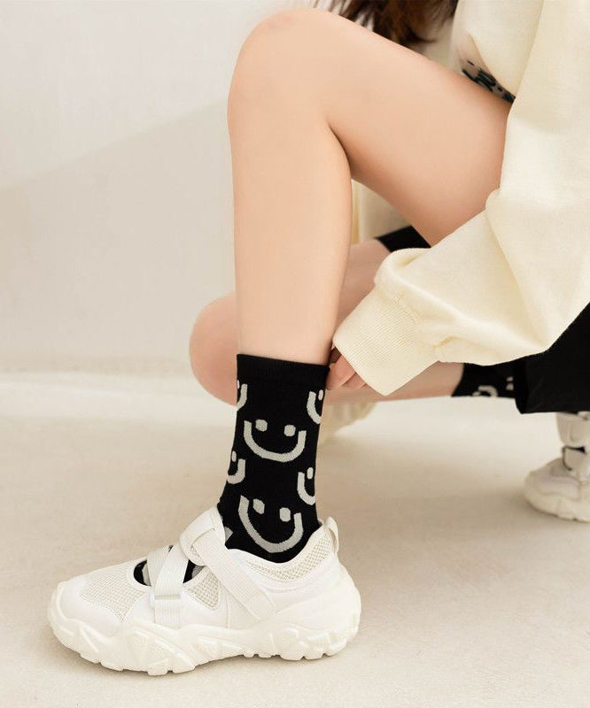 Classy Black White Striped Cute Smile Cotton Mid Calf Socks