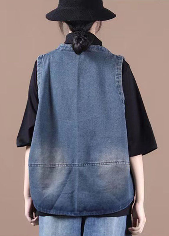 Elegant Button Pocket Patchwork Autumn Blue Denim Vest