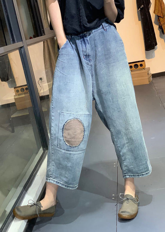 Classy Blue Patchwork High Waist Denim Crop Pants Summer