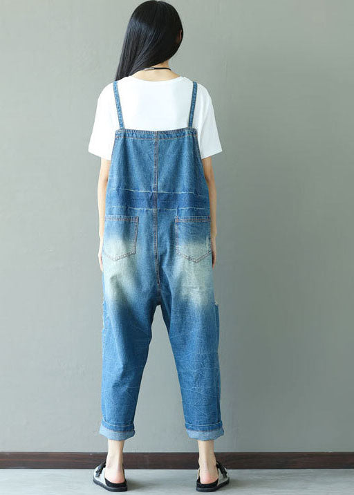 Classic print ripped denim blue jumpsuit spring