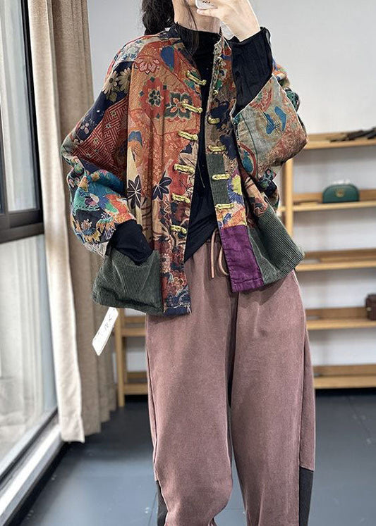 Elegant color-block printed patchwork cotton-filled dolman sleeve coat