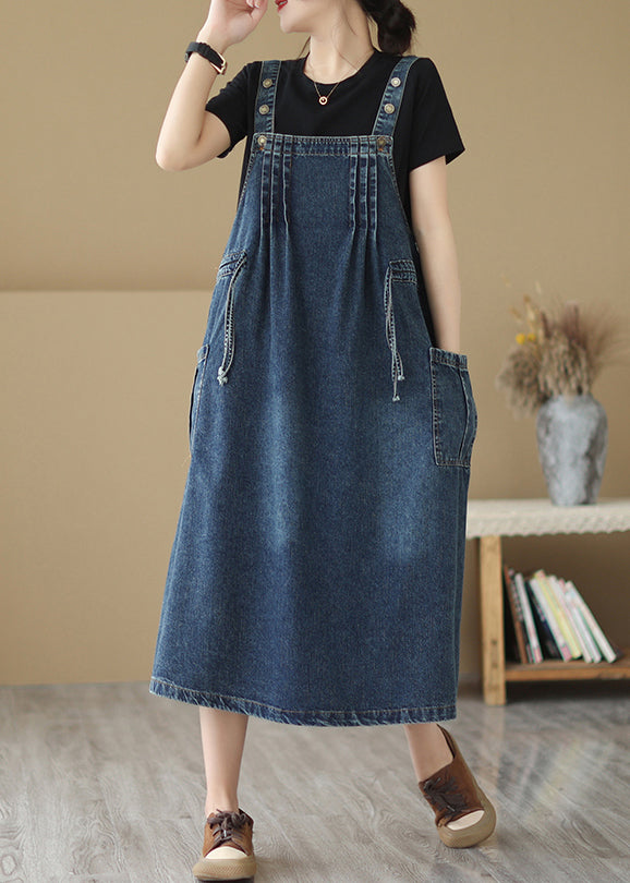 Classy Denim Blue Oversized Wrinkled Wrinkled Strap Dresses Summer