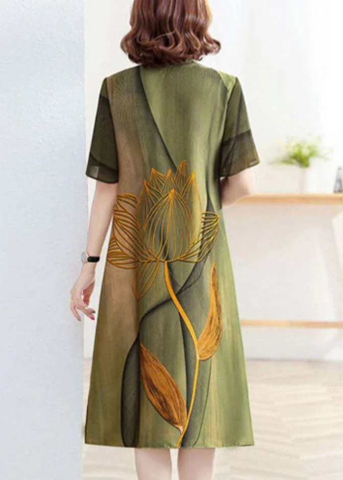 Classy Green Stand Collar Lotus Print Patchwork Silk Dress Summer