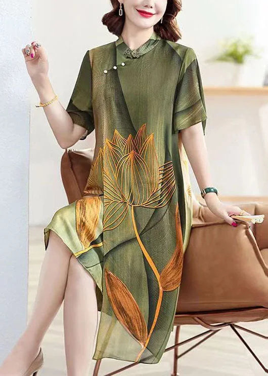 Classy Green Stand Collar Lotus Print Patchwork Silk Dress Summer