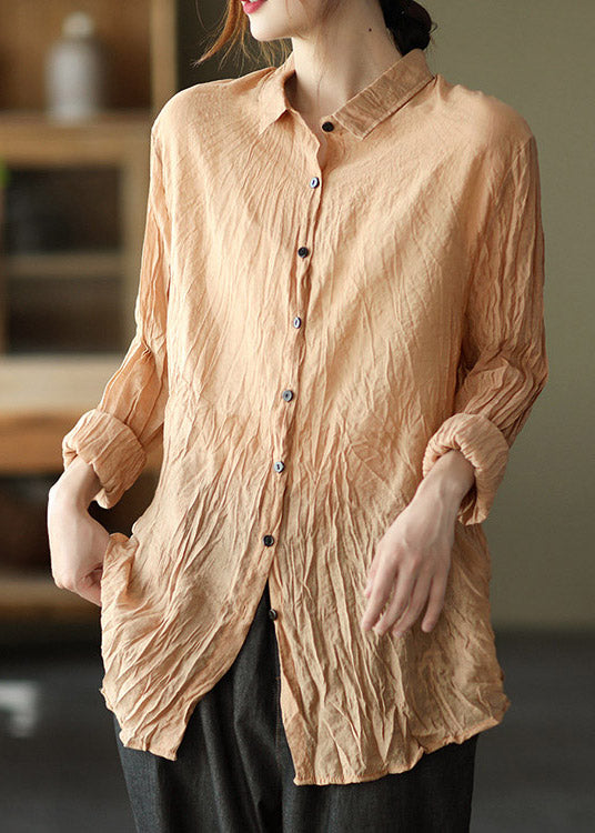 Classy Khaki Peter Pan Collar Wrinkled Silk Linen Shirt Long Sleeve