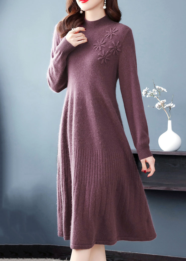 Classy Purple Embroideried Patchwork Woolen Dresses Fall