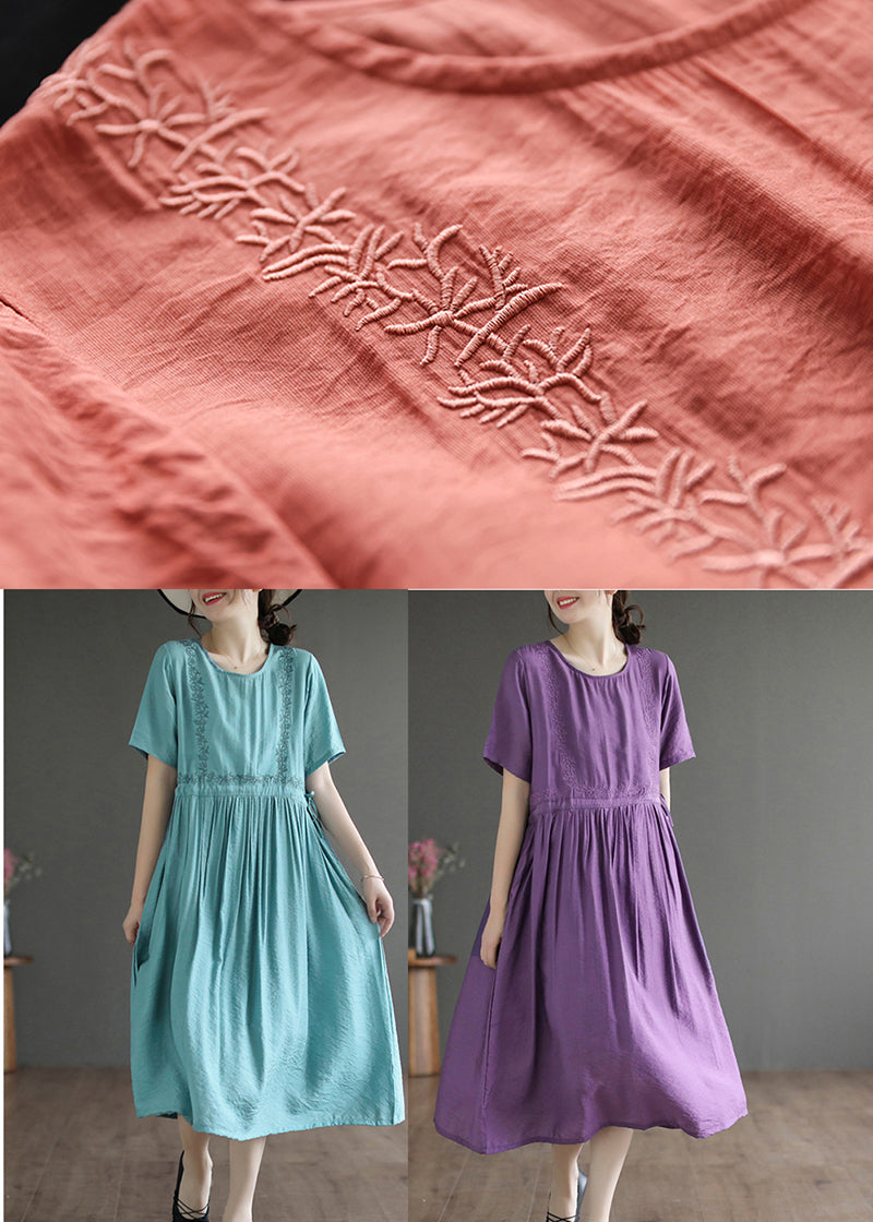 Slim Fit Purple Embroideried Cotton Dress Summer