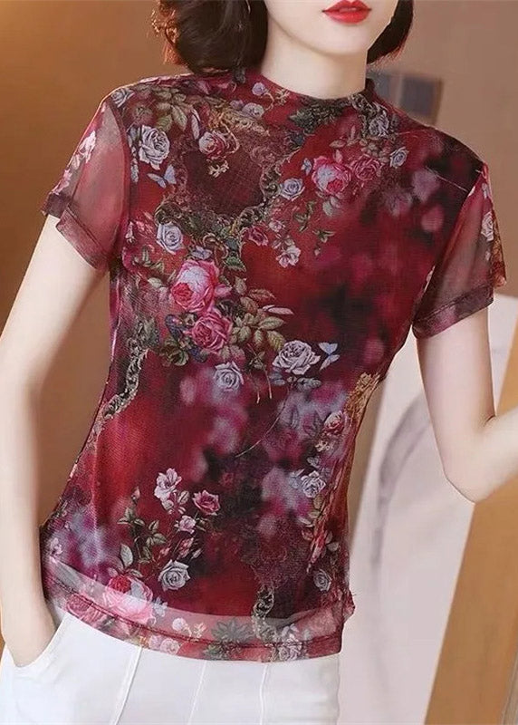 Elegant Red Printed Stand Collar Tulle Top Short Sleeves