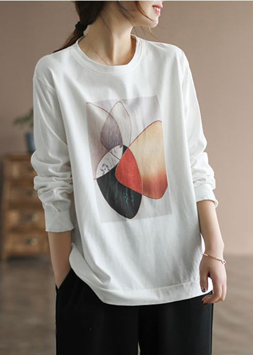 Classy White Oversized Print Cotton Pullover Streetwear Fall