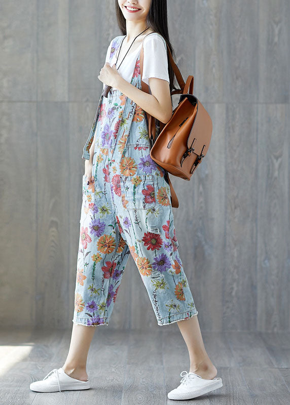 Light Blue Floral Denim Jumpsuit with Classic Pockets