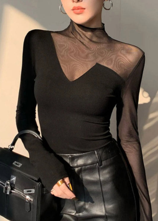 Club Black Turtleneck Patchwork Hollow Out Tulle Top Spring