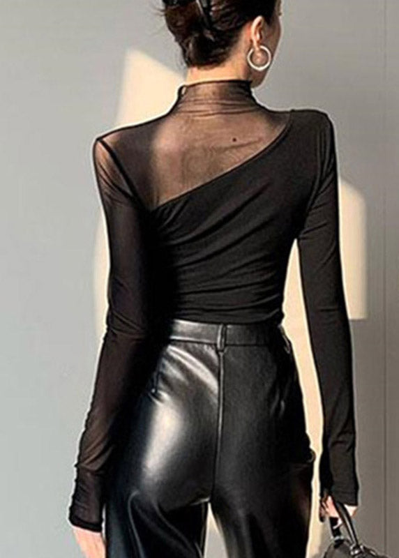 Club Black Turtleneck Patchwork Hollow Out Tulle Top Spring