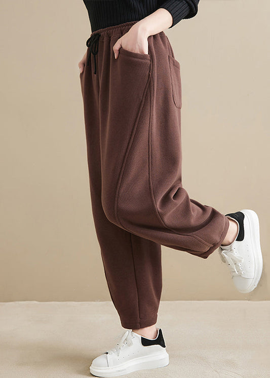 Coffee High Waist Thick Warm Fleece Pants Sports Pants Winter