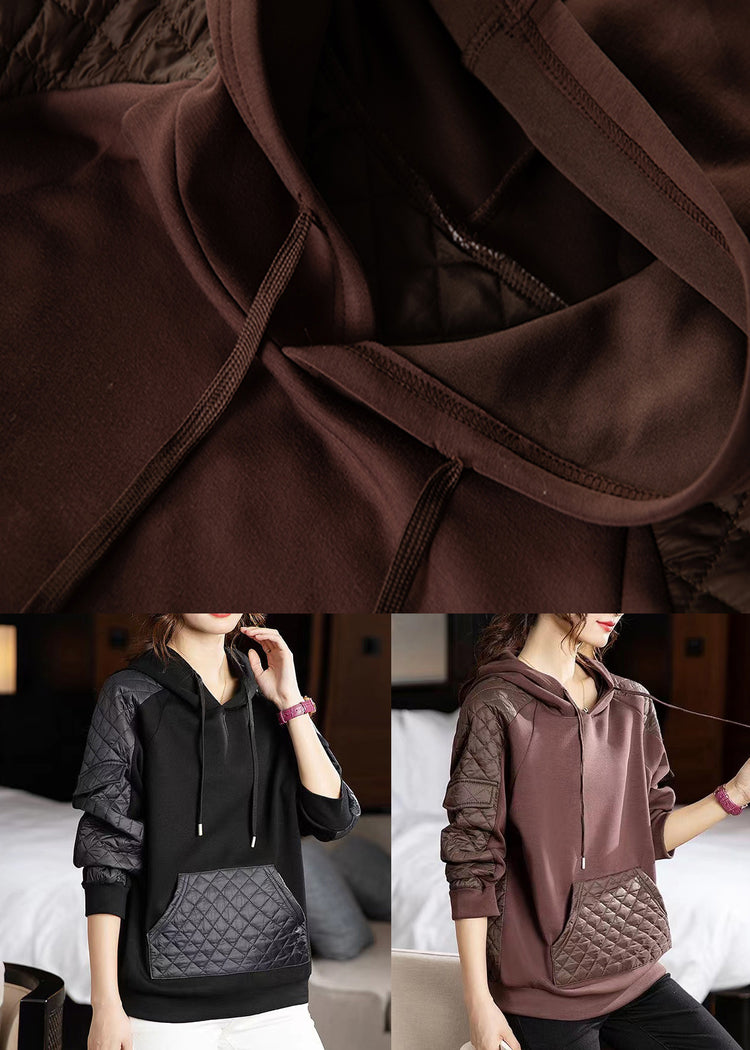 Coffee Lace Up Patchwork Thick Sweatshirt Hooded Long Sleeve