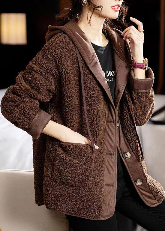 Coffee Pockets Patchwork Coats Teddy Faux Fur Hooded Long Sleeve