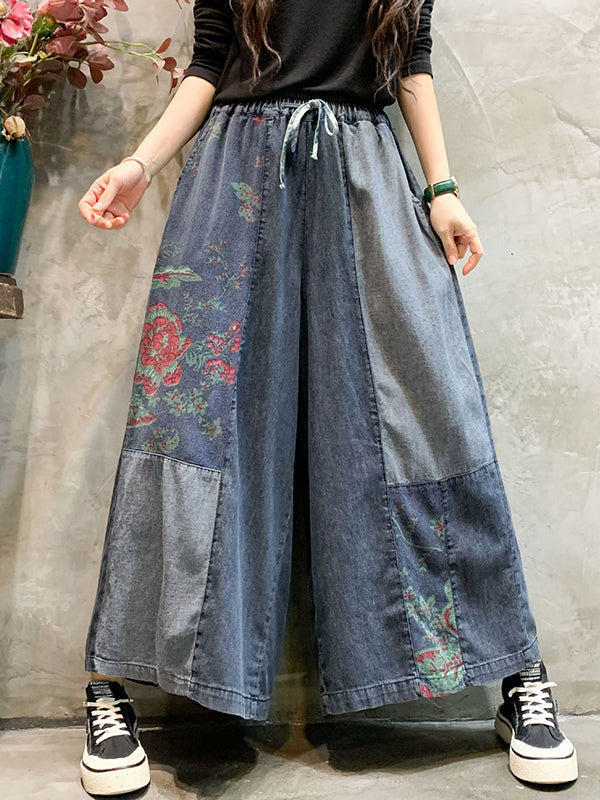 Color-block embroidered bandage wide-leg denim pants