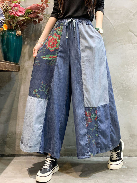 Color-block embroidered bandage wide-leg denim pants