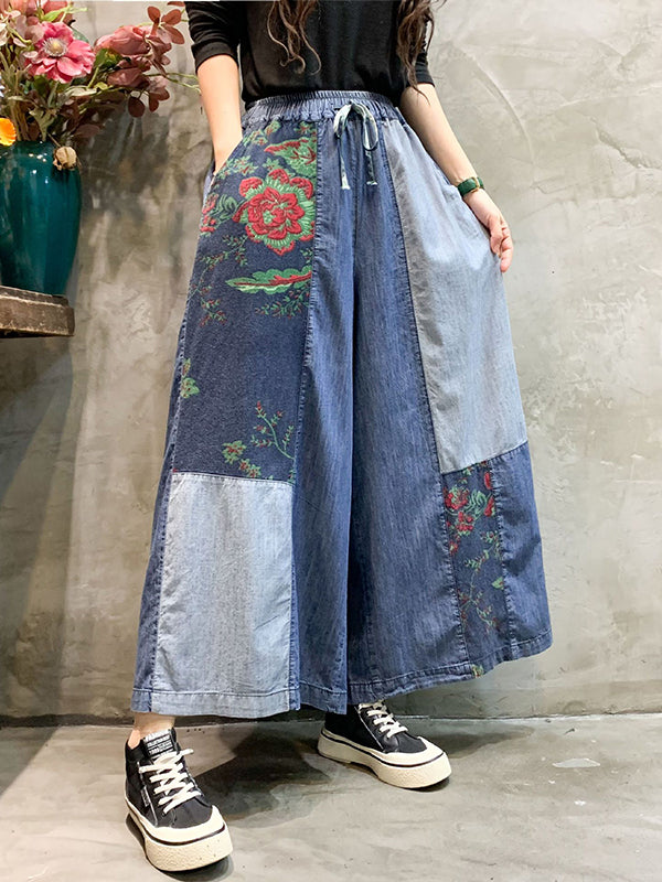 Color-block embroidered bandage wide-leg denim pants