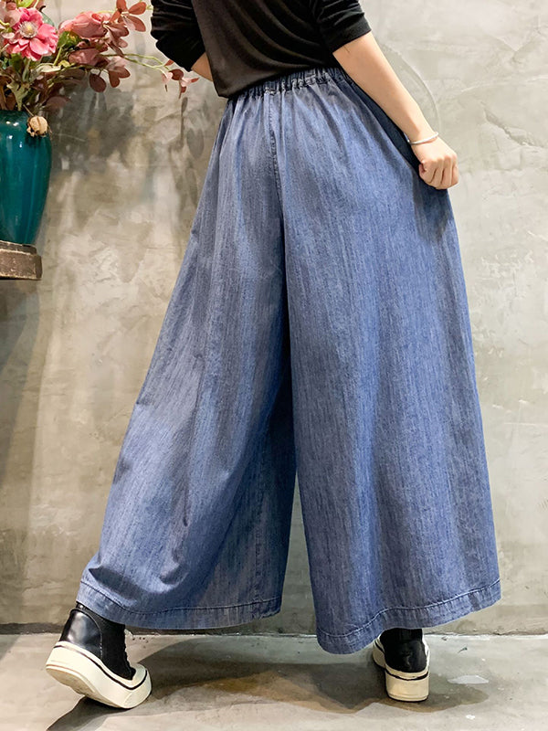 Color-block embroidered bandage wide-leg denim pants