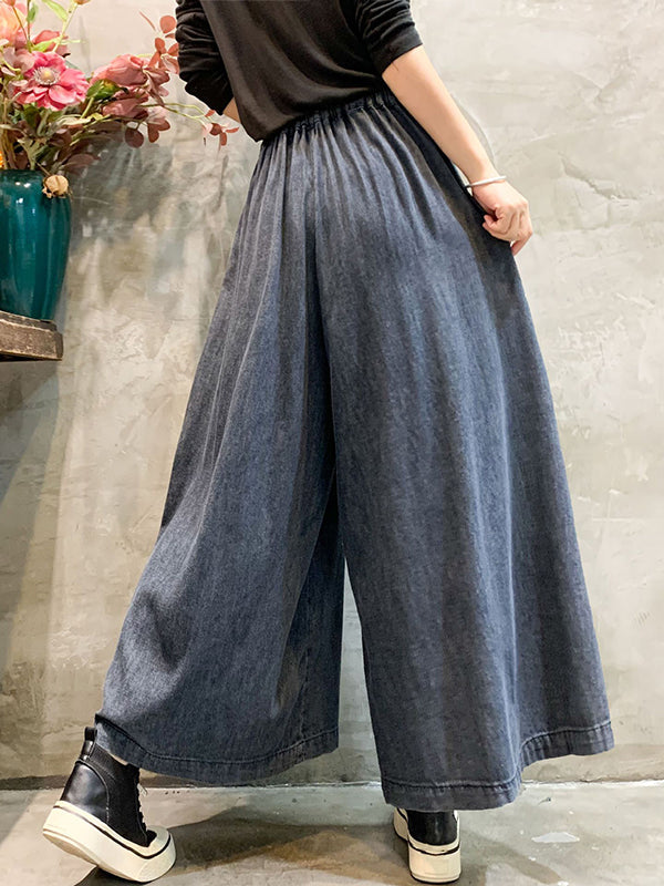 Color-block embroidered bandage wide-leg denim pants