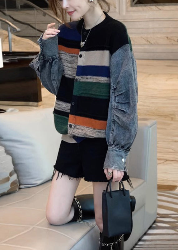 Colorblock Denim Patchwork Knitted Sweater Coat Women Autumn And Winter