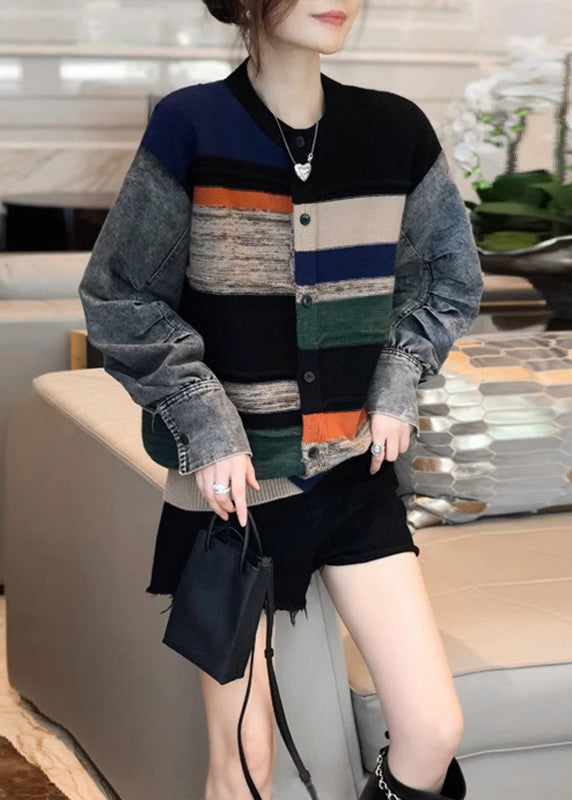 Colorblock Denim Patchwork Knitted Sweater Coat Women Autumn And Winter