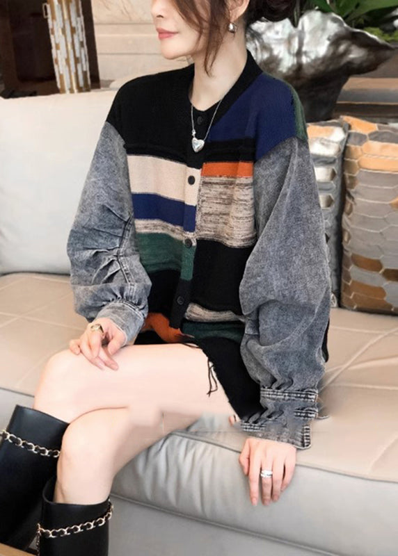 Colorblock Denim Patchwork Knitted Sweater Coat Women Autumn And Winter
