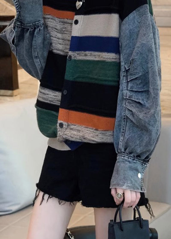 Colorblock Denim Patchwork Knitted Sweater Coat Women Autumn And Winter