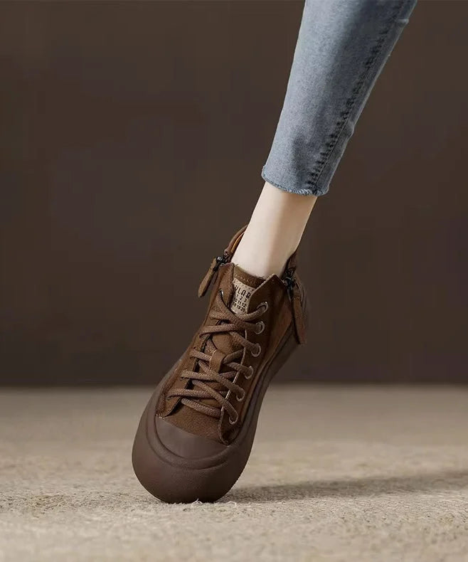 Comfy Brown Cowhide Leather Ankle Boots Splicing Cross Strap