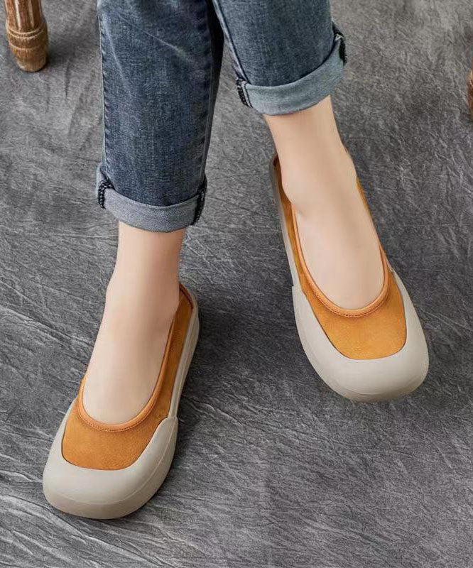 Comfy Yellow Cowhide Leather Women Splicing Flat Shoes