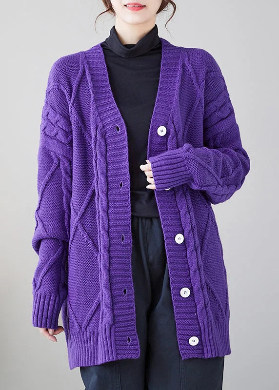 Cozy Purple V Neck Button Thick Knit Cardigan Fall