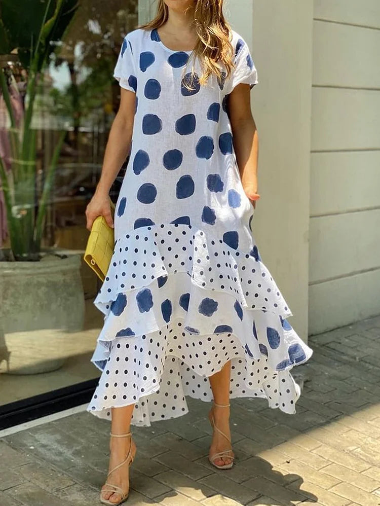 Crew Neck Polka Dot Layered Ruffled Hem Midi Dress