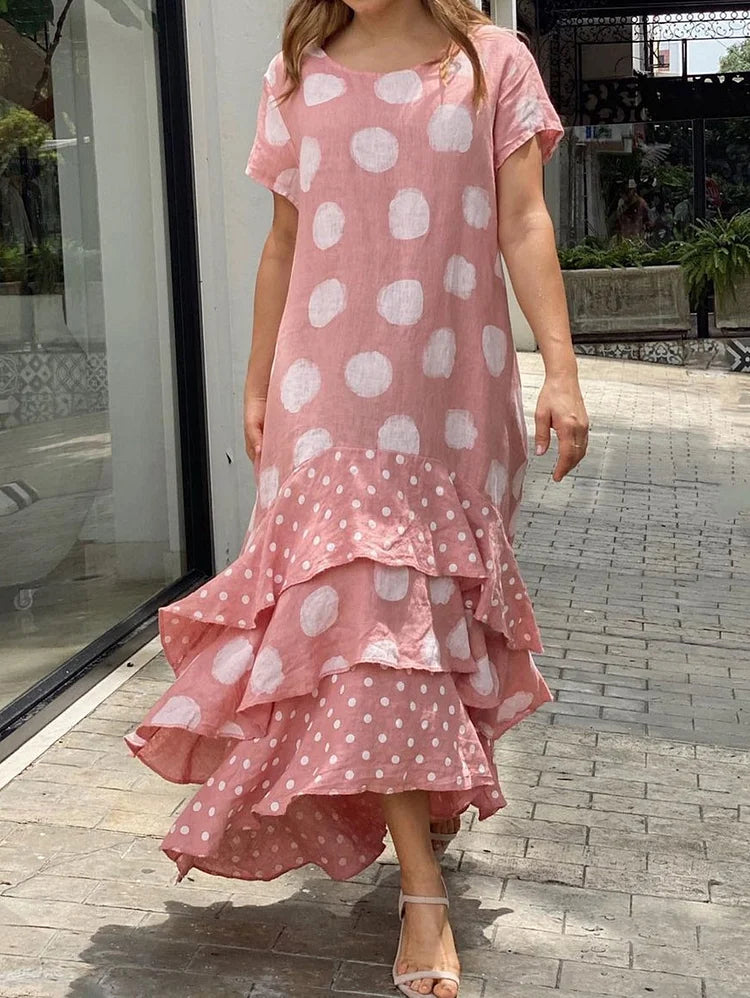 Crew Neck Polka Dot Layered Ruffled Hem Midi Dress