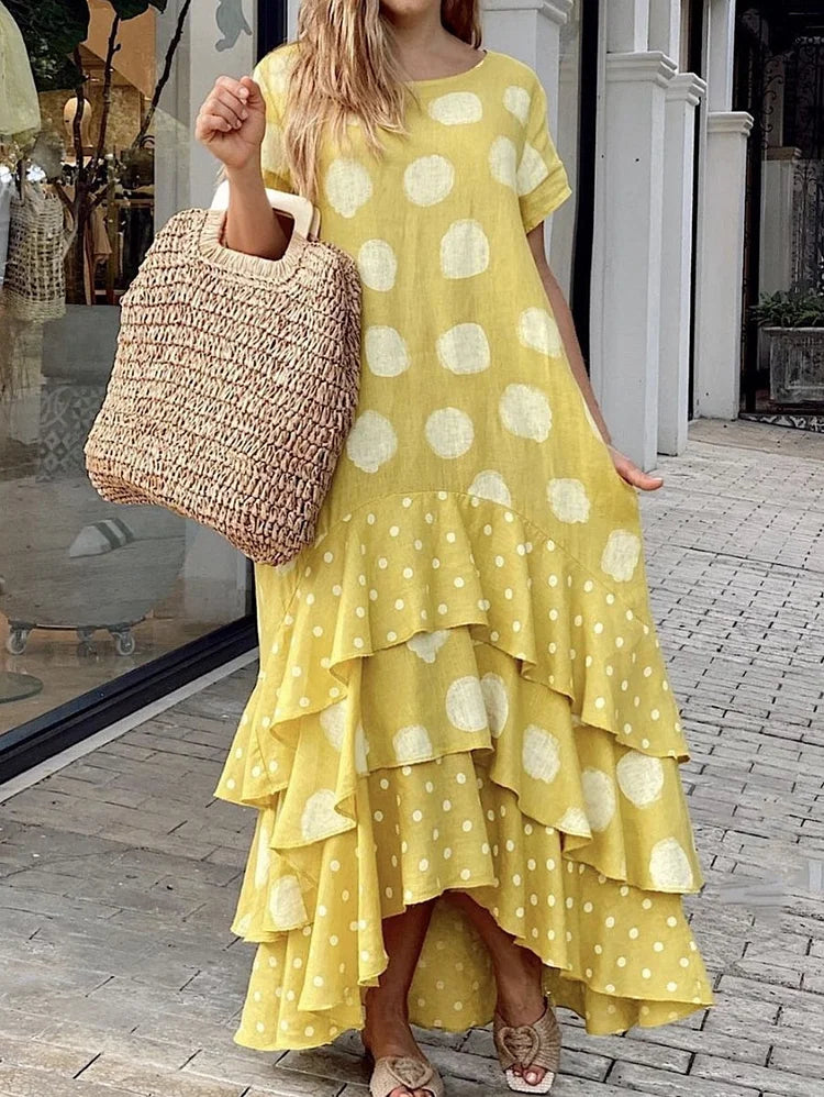 Crew Neck Polka Dot Layered Ruffled Hem Midi Dress