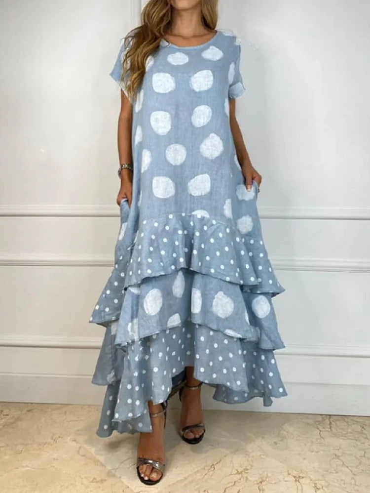 Crew Neck Polka Dot Layered Ruffled Hem Midi Dress