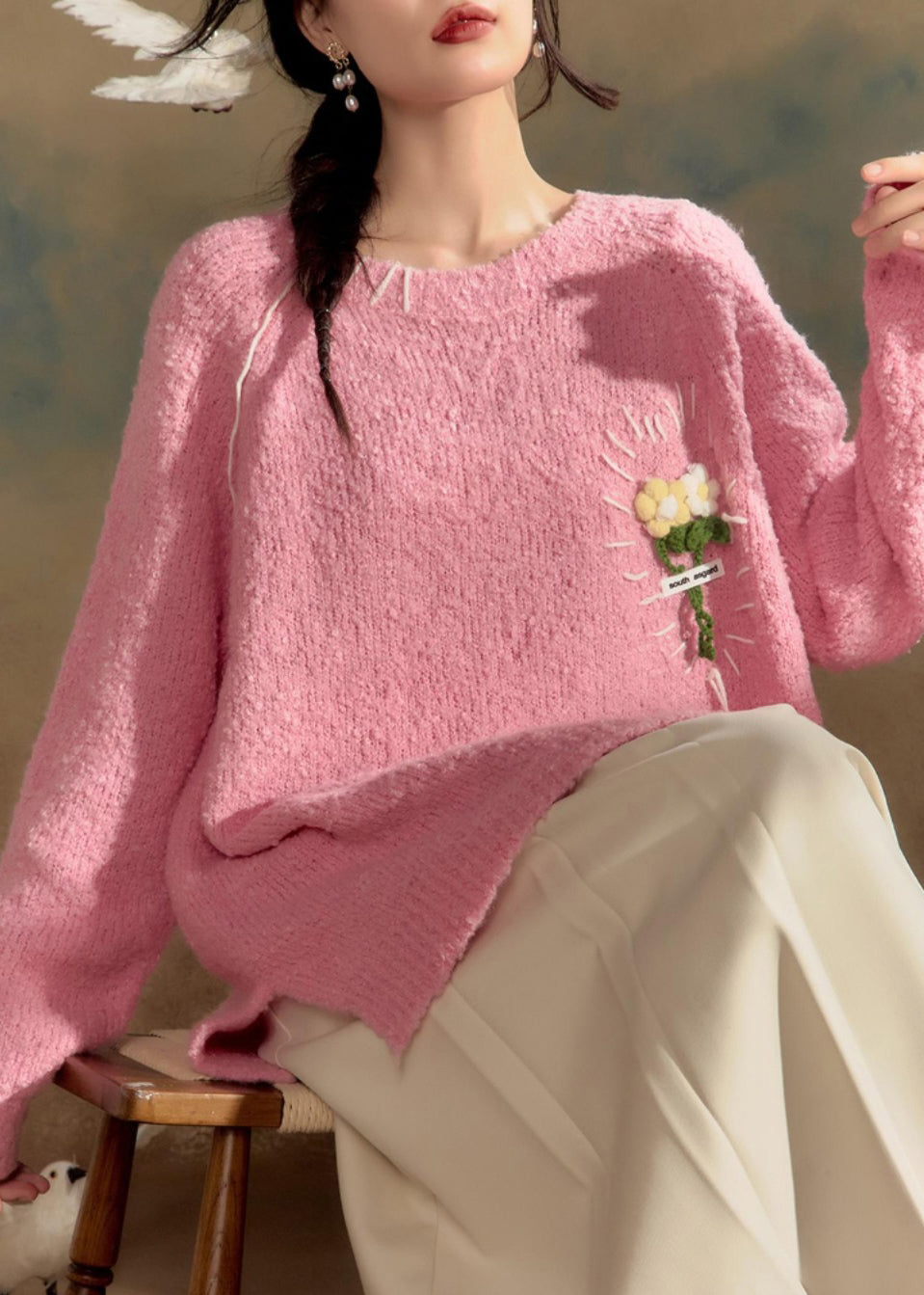 Cute Pink O-Neck Floral Cotton Knit Sweaters Winter