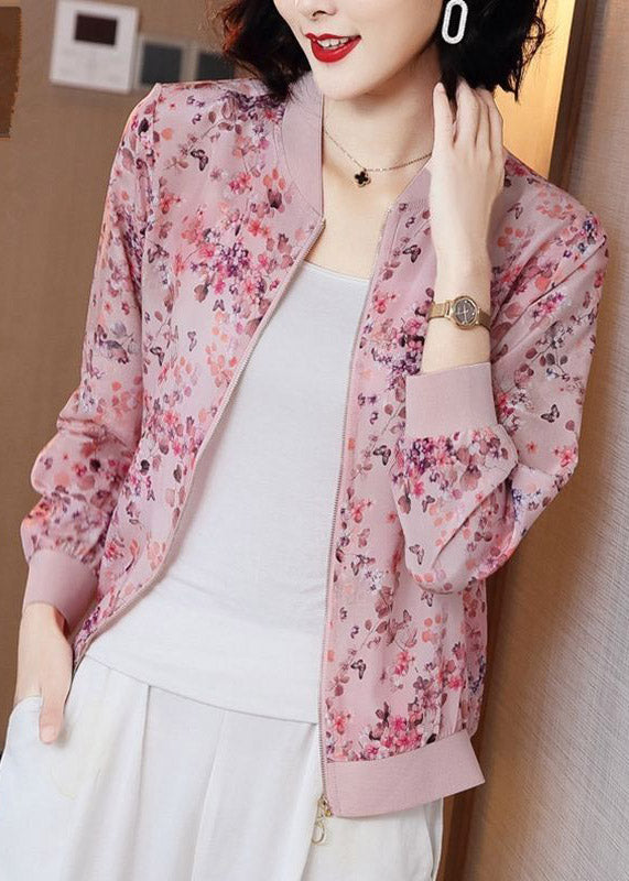 Pink Cute Zipper Printed Chiffon Sunscreen Coat Long Sleeves