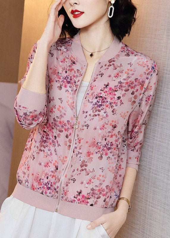 Pink Cute Zipper Printed Chiffon Sunscreen Coat Long Sleeves