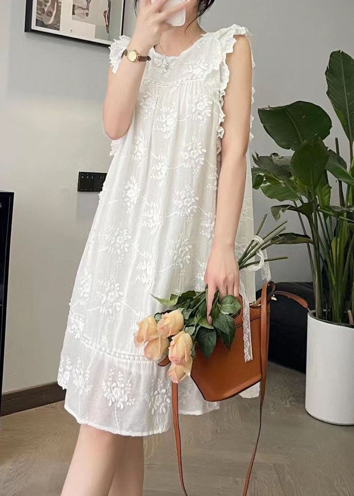 Cute Beige O-Neck Embroidered Floral Silk Cotton Mid Dress Summer