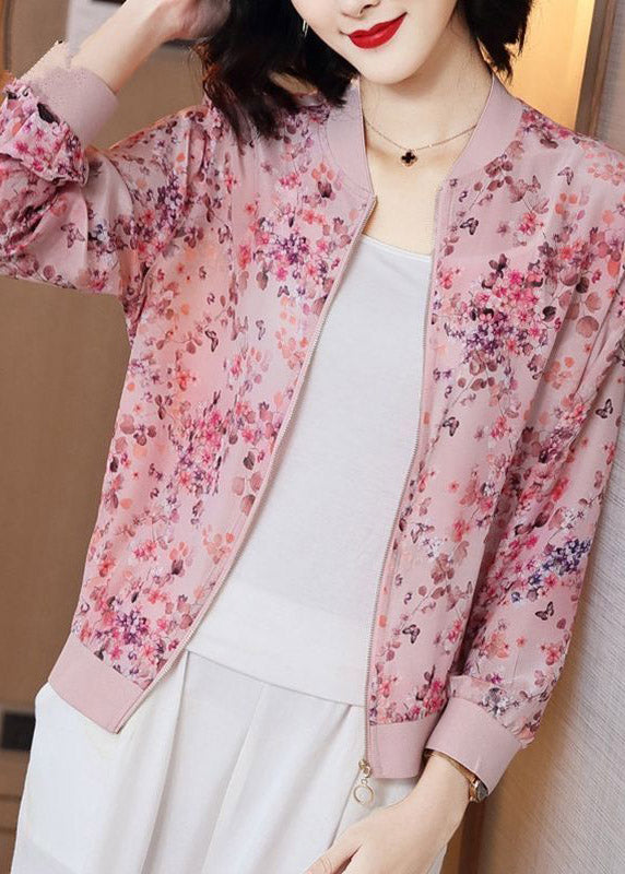 Pink Cute Zipper Printed Chiffon Sunscreen Coat Long Sleeves